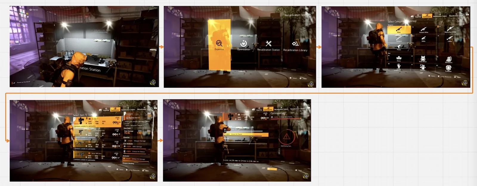 The old flow in 5 steps: find the specific bench in the game world, open a menu, open a second menu for the weapon category, choose the weapon, then act.