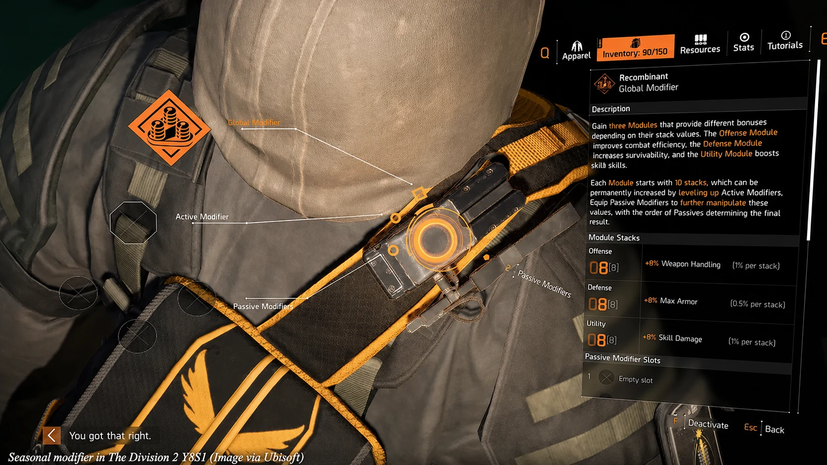 The Division 2 Year 8 Season 1 seasonal modifier system — the Recombinant global modifier with Offense, Defense and Utility module stacks and passive modifier slots, annotated