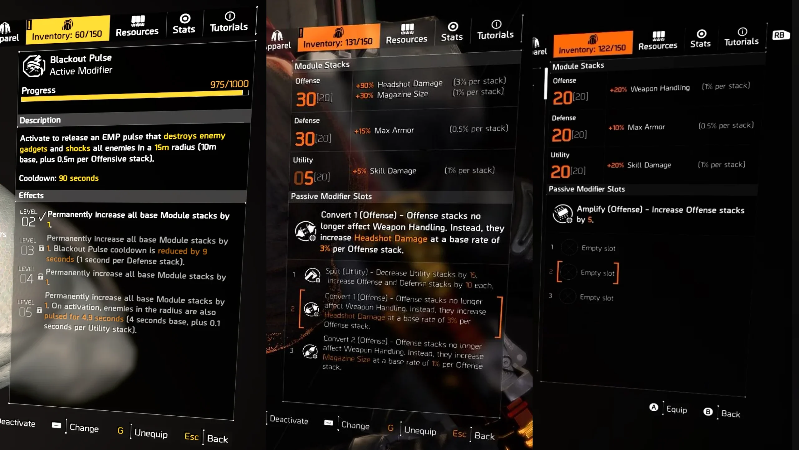 Three shipped Division 2 modifier panels — an active modifier detail, module stacks with passive conversions, and a leveled-up configuration — the same panel skeleton flexing across very different states