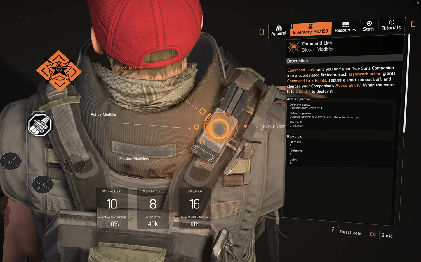 An earlier iteration: Command Link, with stacks shown as floating cards over the character and split Active-synergies and Base-stats panels.