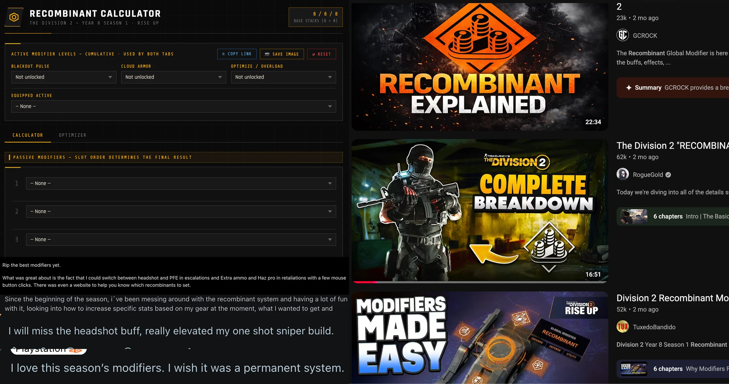 Community proof for the Rise Up modifier system: a fan-built Recombinant calculator web tool, three creator breakdown videos with tens of thousands of views each, and player reviews praising the season's modifiers.