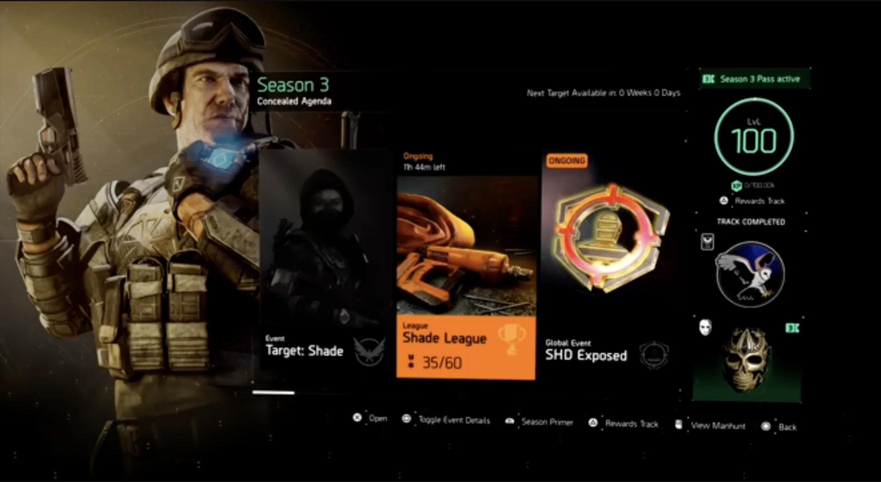 The Division 2 season hub, 'Concealed Agenda' — events, a league and a global event fill the screen while the Season Pass sits as a 'Rewards Track' link in the right-hand column.