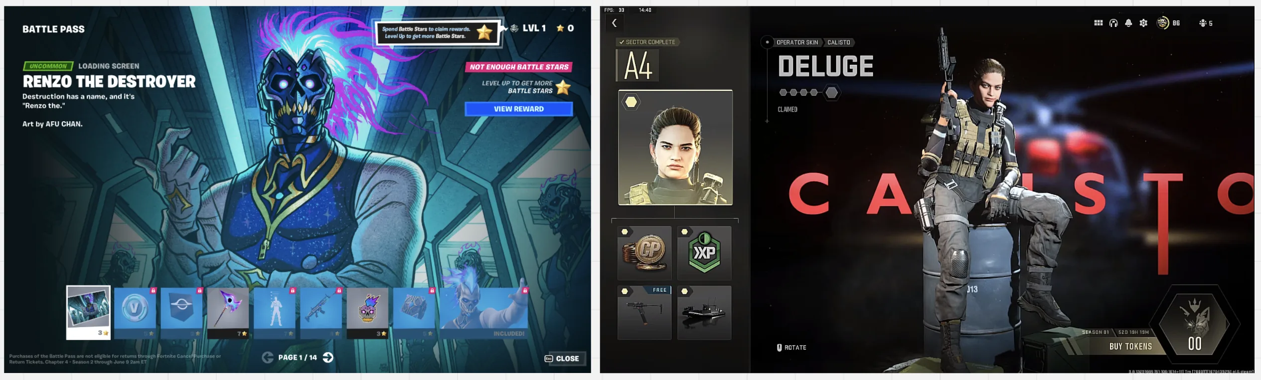 Two industry benchmarks side by side — Fortnite (left) and Call of Duty (right) battle-pass screens — both presenting their rewards large and desirable.