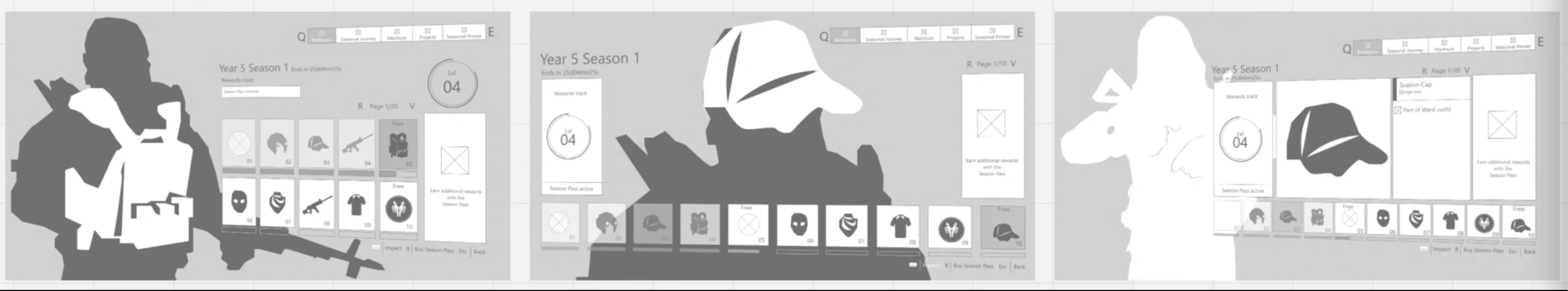 Three greyscale wireframe concepts for the redesigned pass, side by side — Value Stack, Progress Preview, and Instant Gratification.