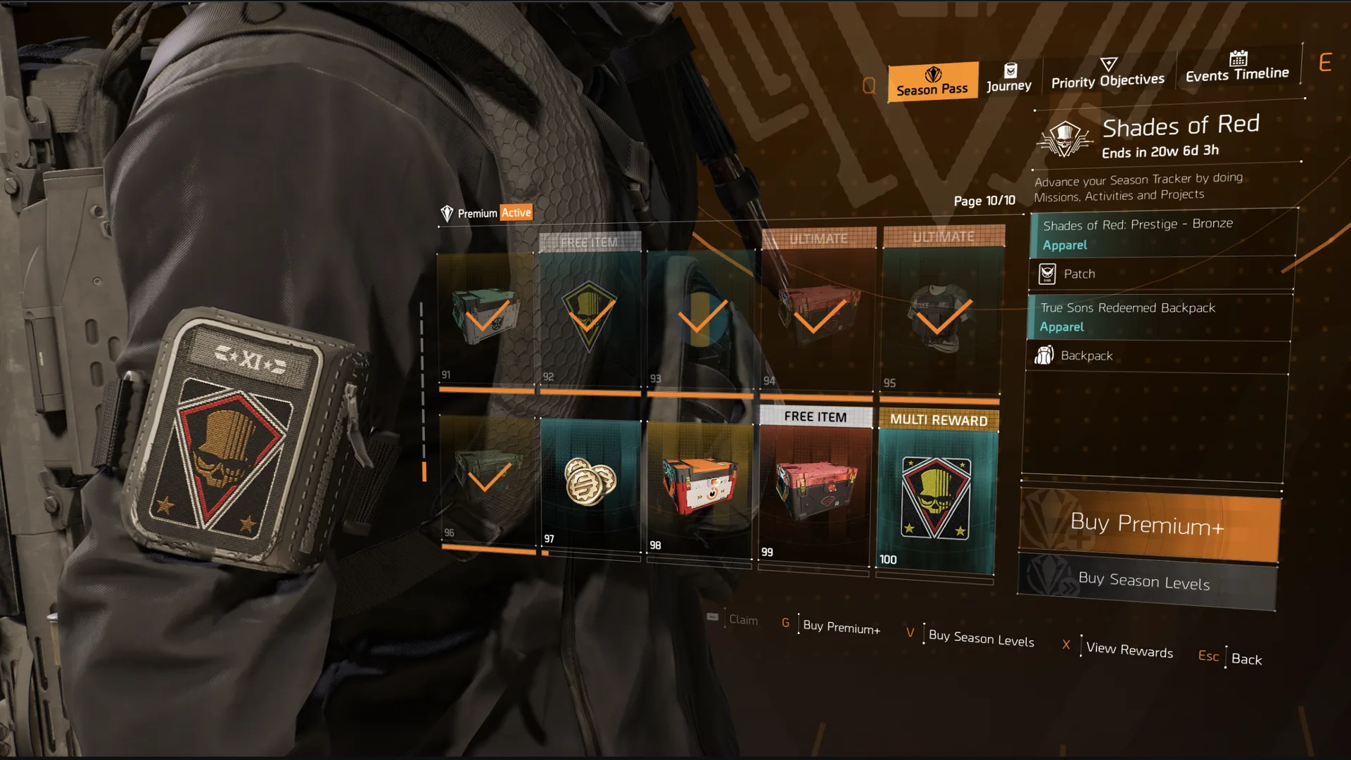 The redesigned The Division 2 Season Pass, 'Shades of Red' season : the reward track presented as large tiles over the player agent, with a single primary purchase action.