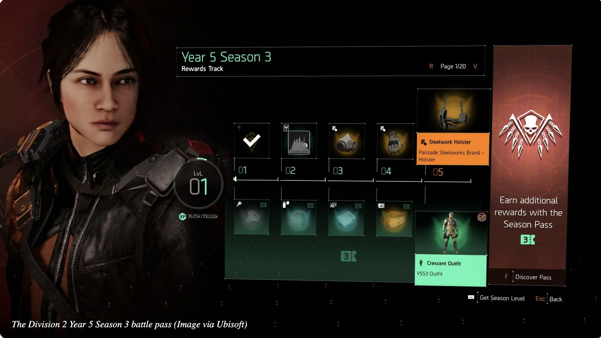 The old The Division 2 Year 5 Season 3 rewards track — a linear pass showing five tiers per page across twenty pages, with a large character render filling the left half of the screen.