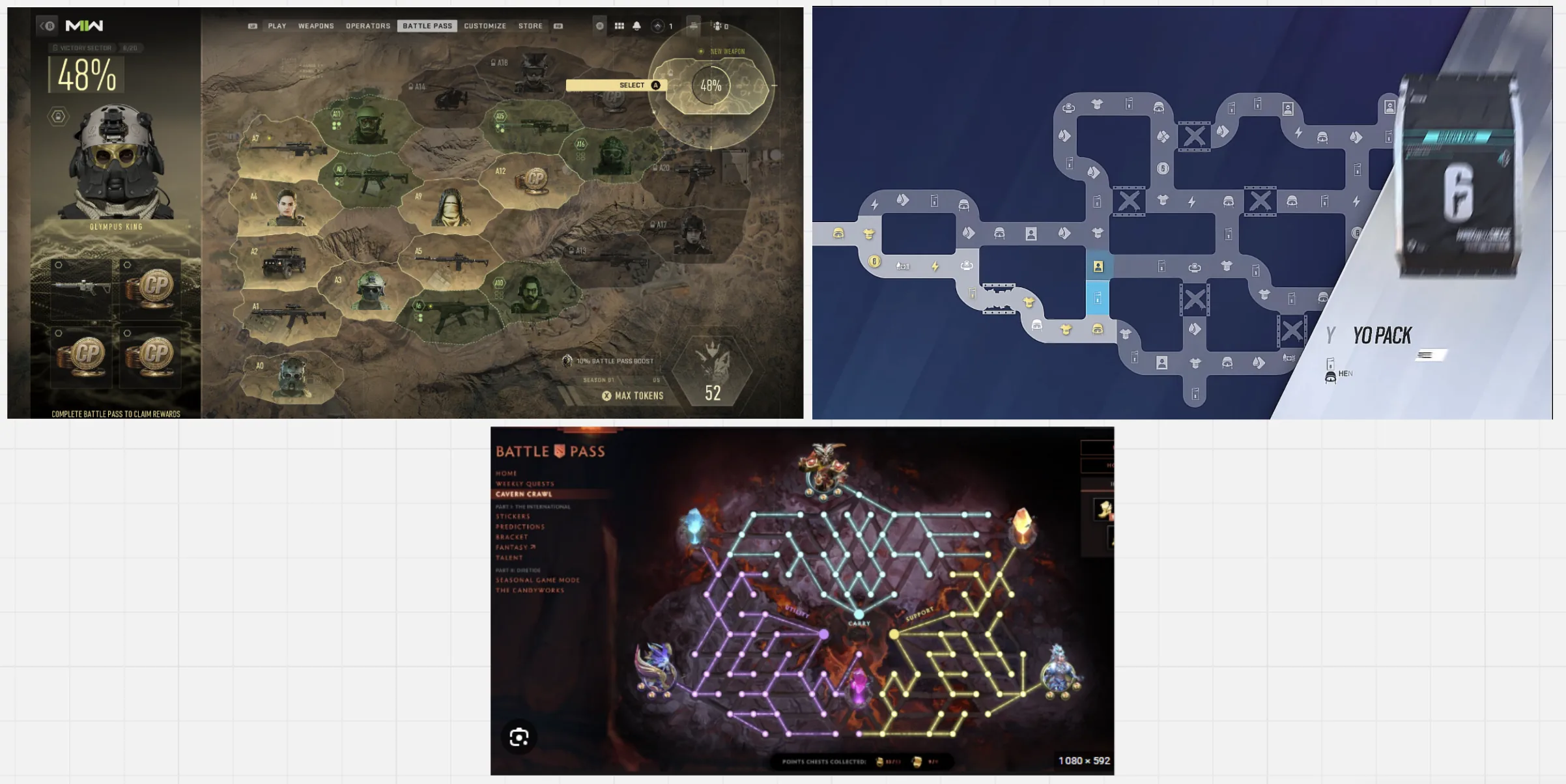 Path-based progression references — Call of Duty's hex map, Rainbow Six Siege's branching reward tree, and DOTA's Cavern Crawl.