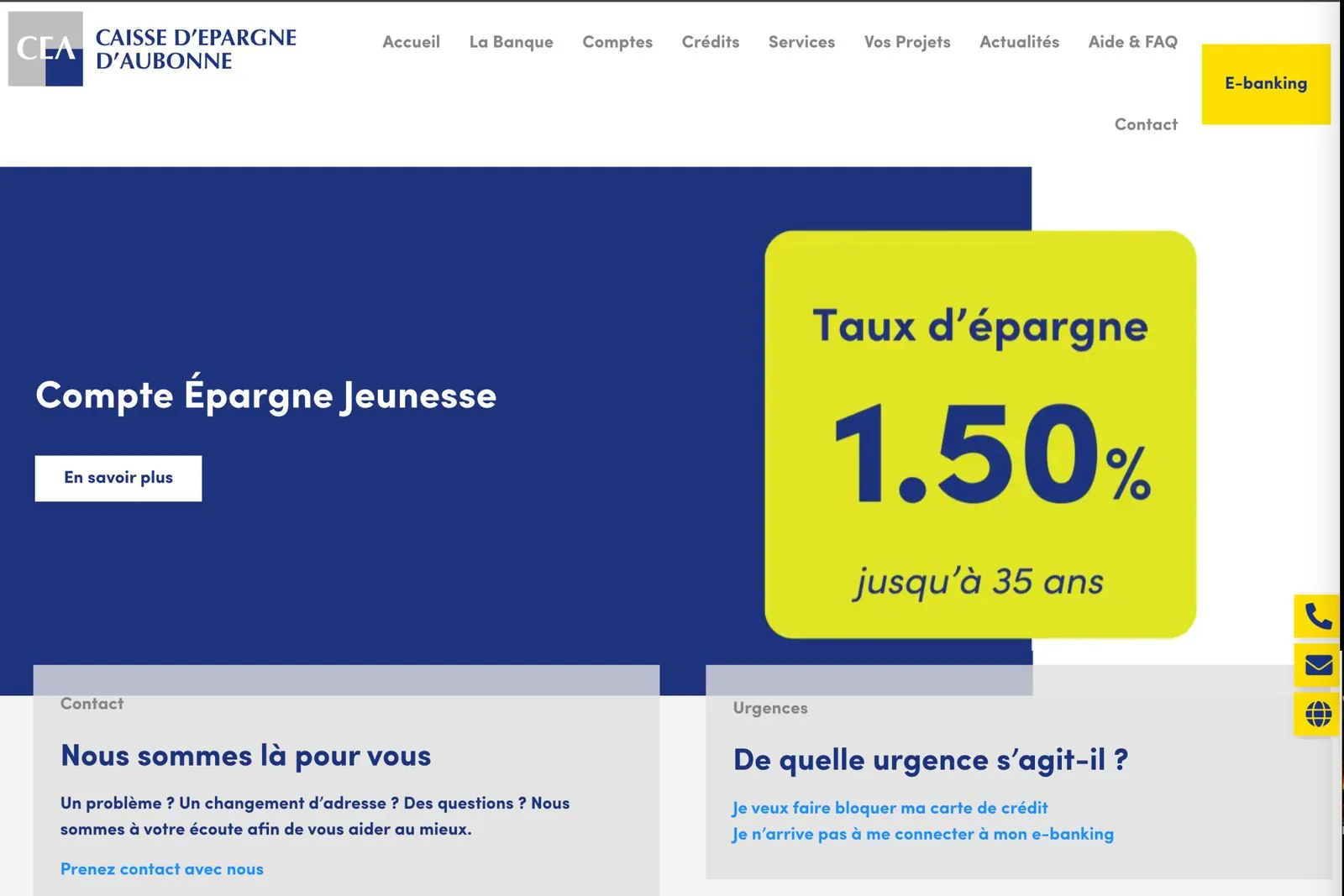Caisse d'Épargne d'Aubonne homepage — the redesign, live above the fold