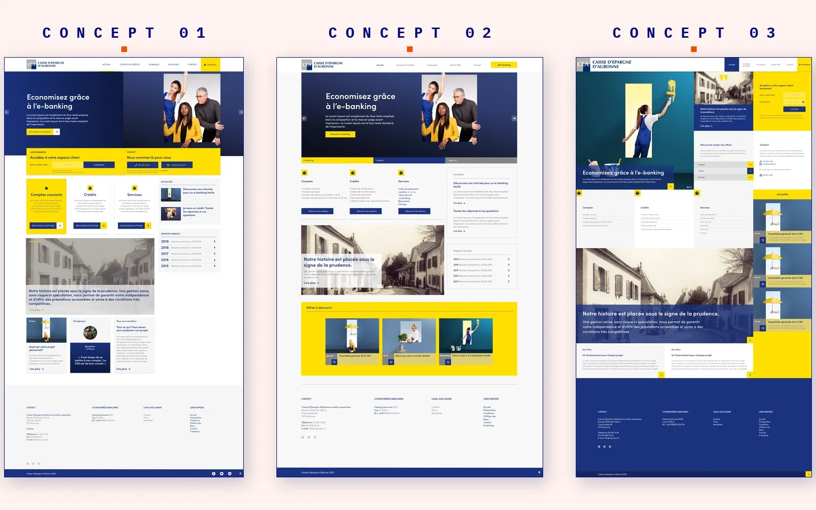 Three homepage concepts for Caisse d'Épargne d'Aubonne, tested with users — a yellow-accent direction, an editorial layout, and an immersive hero variant.