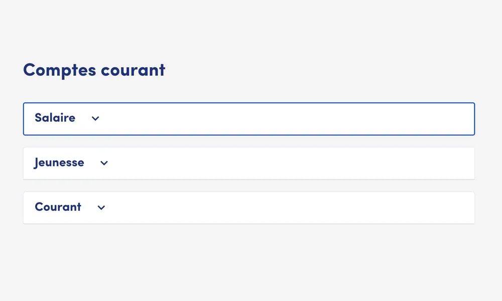 The accounts page, collapsed: current-account types (Salaire, Jeunesse, Courant) listed in plain language, each expandable.