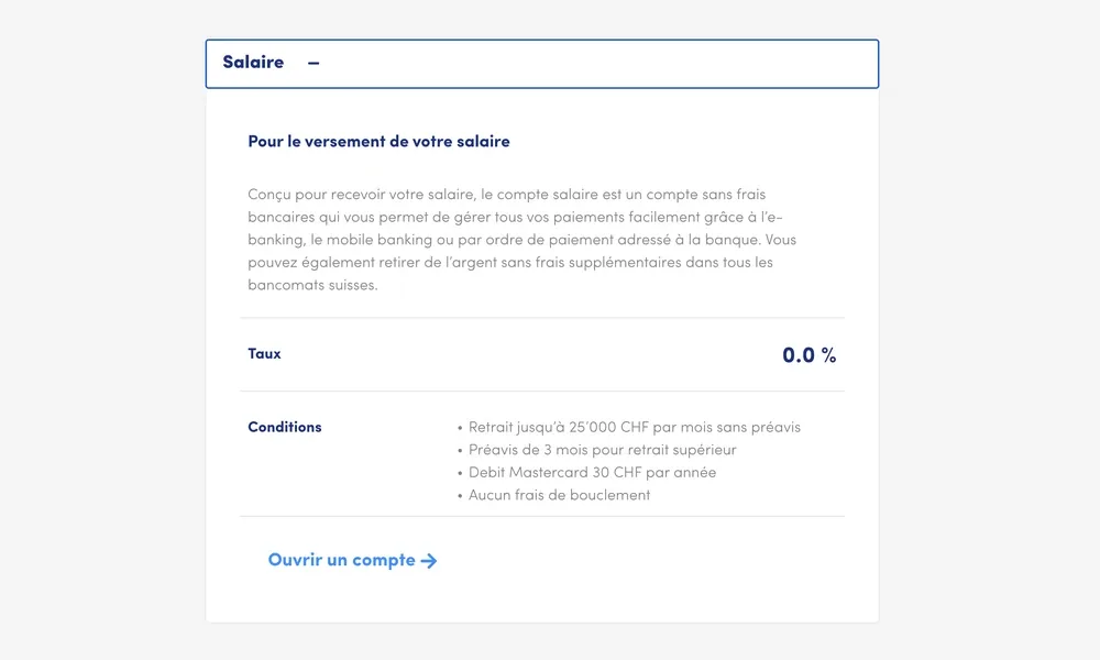The Salaire account expanded: plain-language description, 0.0% rate, conditions, and an open-an-account button always in reach.