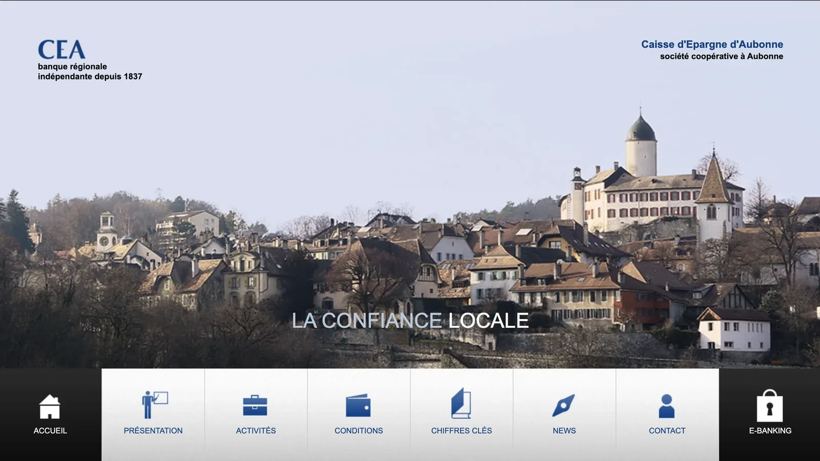 Original CEA homepage: a town photo and a row of icon links.